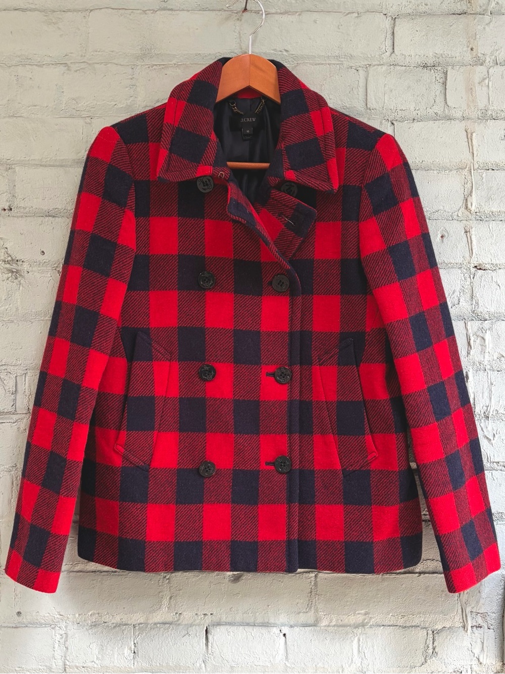 Wool Plaid Double-Breasted Peacoat in Red and Navy Blue Buffalo Plaid